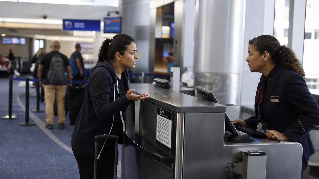 Traveler speaking with airline staff at an airport boarding gate
