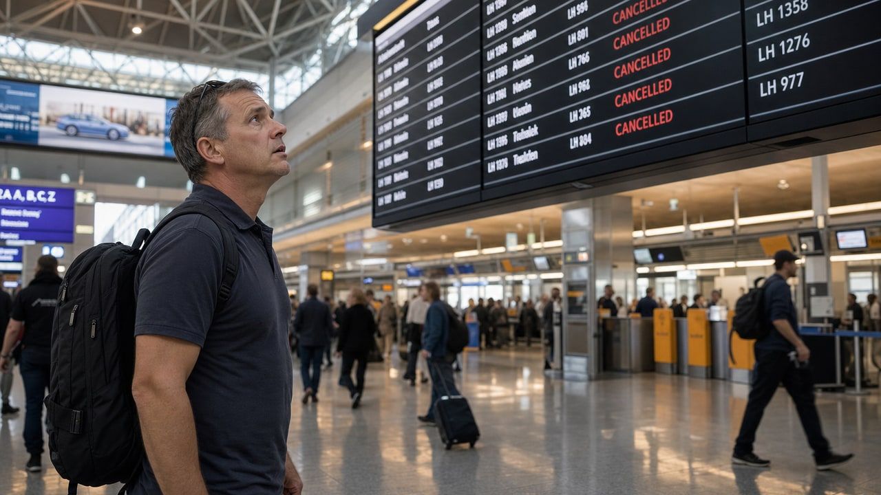 Passenger checking a cancelled flight on an airport departure board