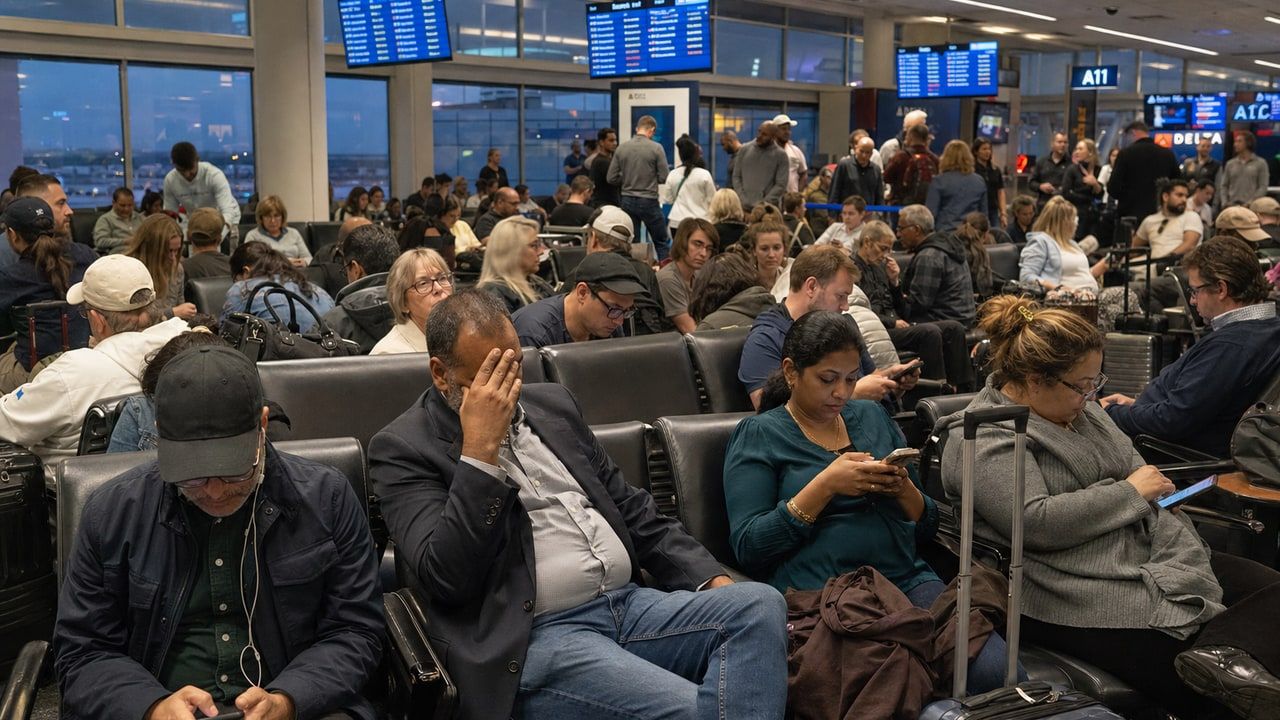 Passengers waiting in an airport terminal during a flight delay