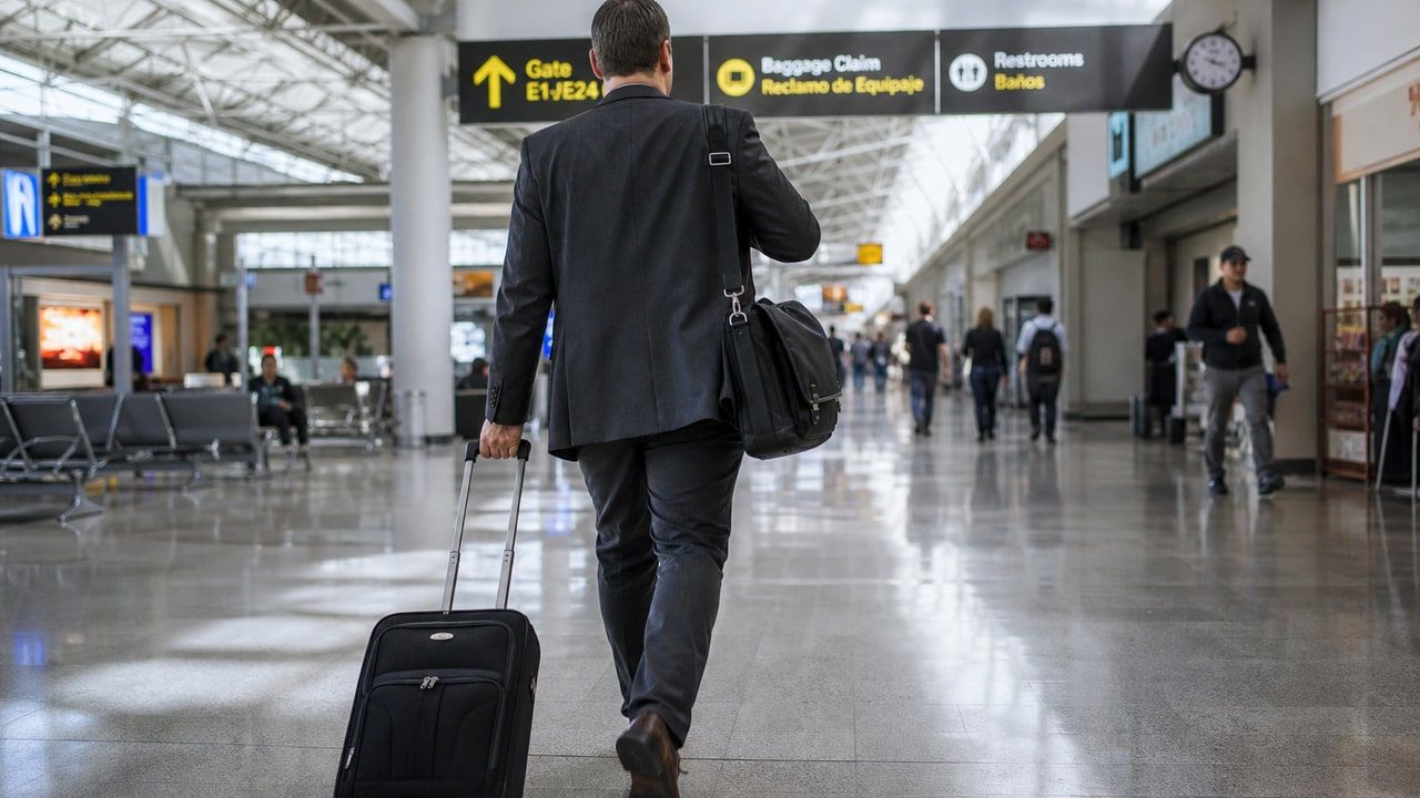 Traveler hurrying through an airport terminal to catch a connecting flight