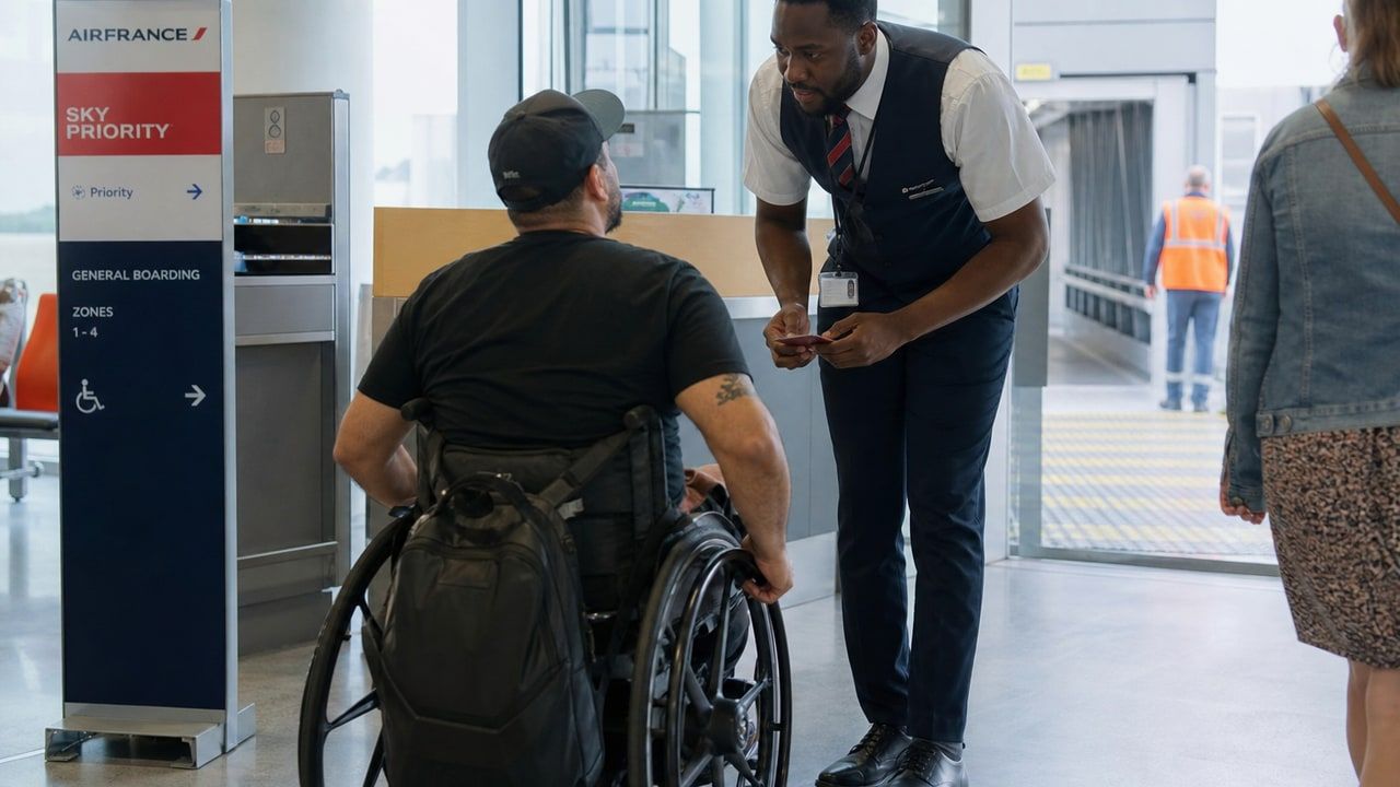 Airport staff assisting a passenger in a wheelchair at boarding